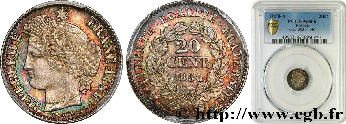 20 centimes Cérès, IIe République 1850 Paris F.146/3 MS66 PCGS