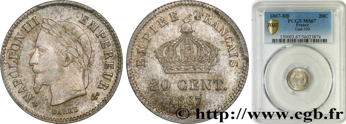 20 centimes Napoléon III, tête laurée, grand module 1867 Strasbourg F.150/2 ST67 PCGS