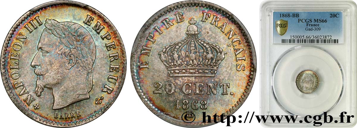 20 centimes Napoléon III, tête laurée, grand module 1868 Strasbourg F.150/5 MS66 PCGS
