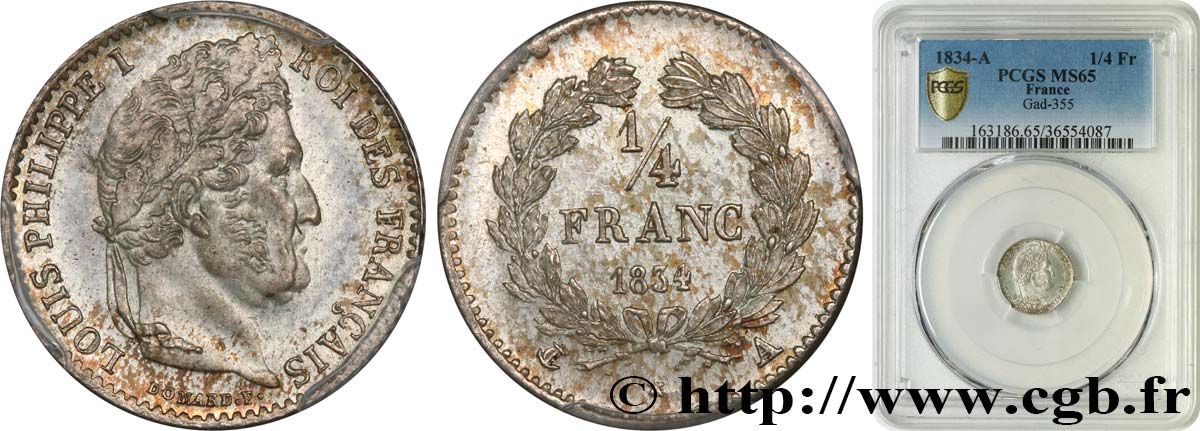 1/4 franc Louis-Philippe 1834 Paris F.166/37 MS65 PCGS