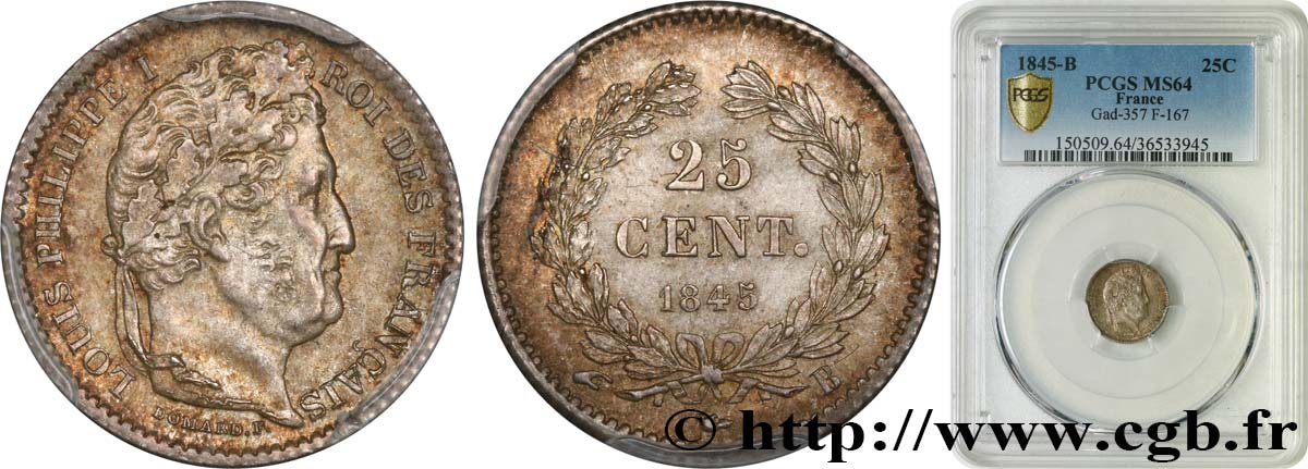 25 centimes Louis-Philippe 1845 Rouen F.167/1 SC64 PCGS