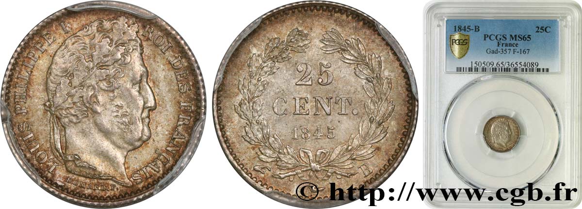 25 centimes Louis-Philippe 1845 Rouen F.167/1 MS65 PCGS