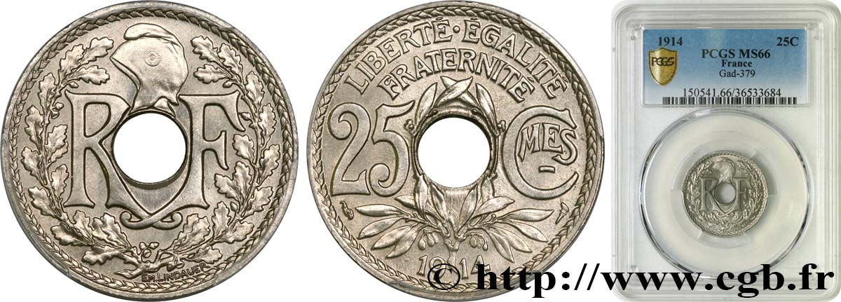 25 centimes Lindauer, Cmes souligné 1914  F.170/2 MS66 PCGS