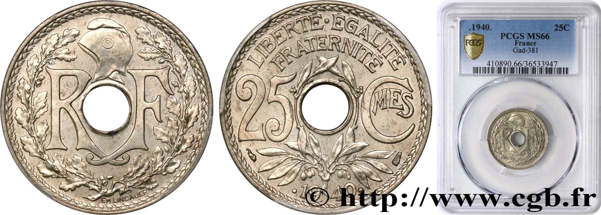 25 centimes Lindauer, maillechort 1940  F.172/4 MS66 PCGS