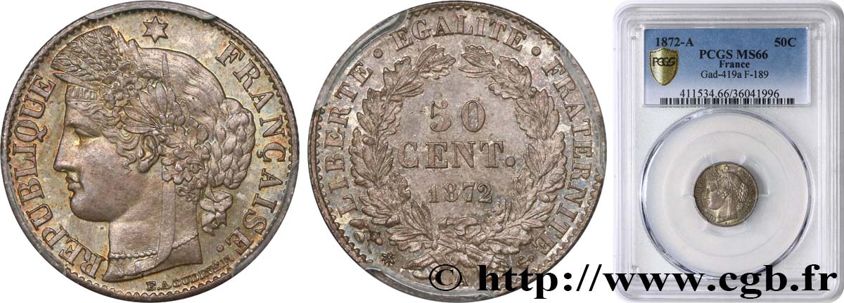 50 centimes Cérès, IIIe République 1872 Paris F.189/3 MS66 PCGS