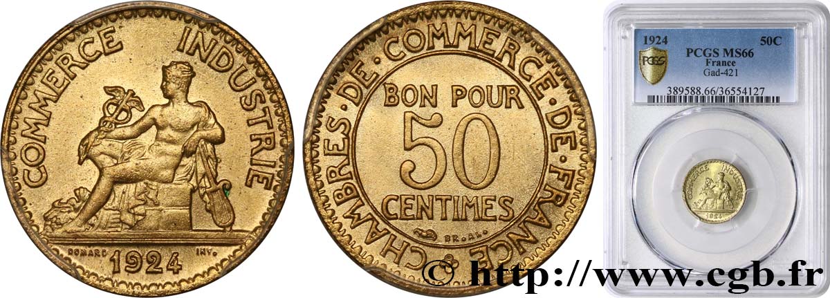 50 centimes Chambres de Commerce 1924 Paris F.191/6 MS66 PCGS