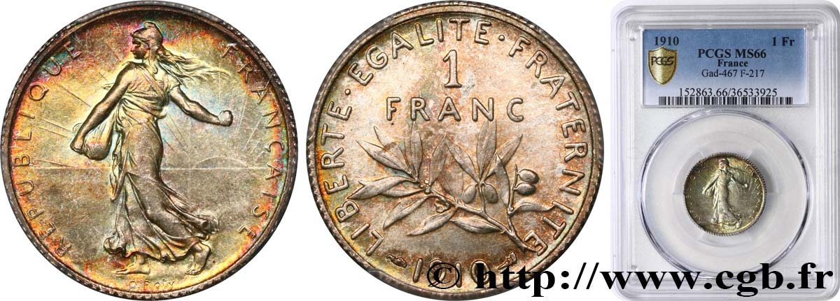 1 franc Semeuse 1910 Paris F.217/15 ST66 PCGS