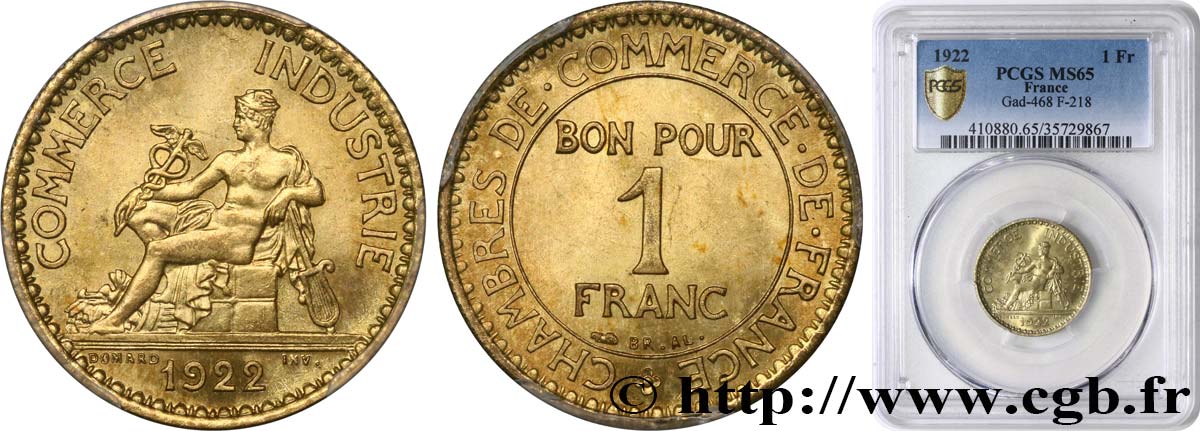 1 franc Chambres de Commerce 1922 Paris F.218/4 ST65 PCGS