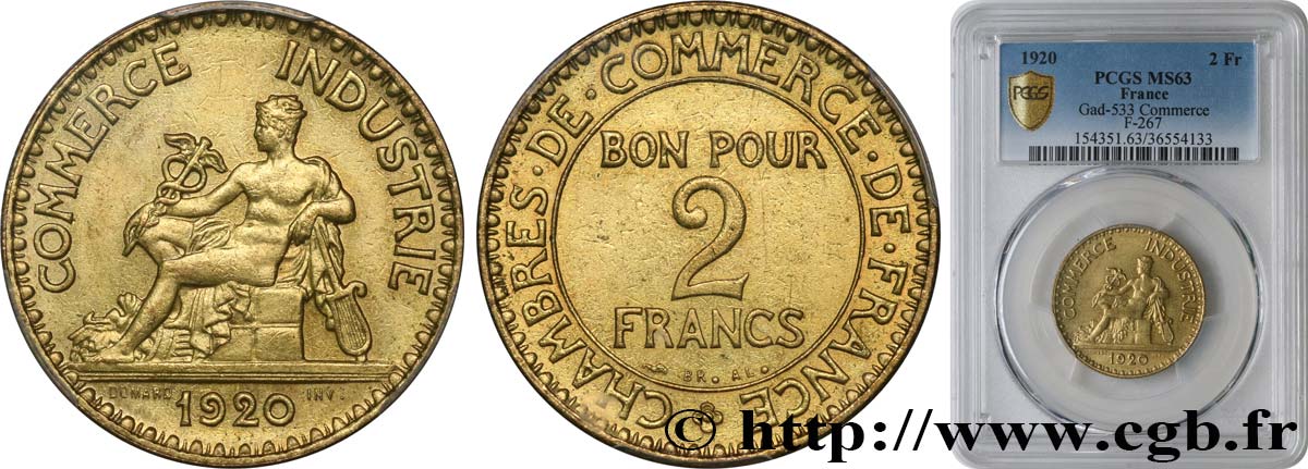 2 francs Chambres de Commerce 1920  F.267/2 MS63 PCGS