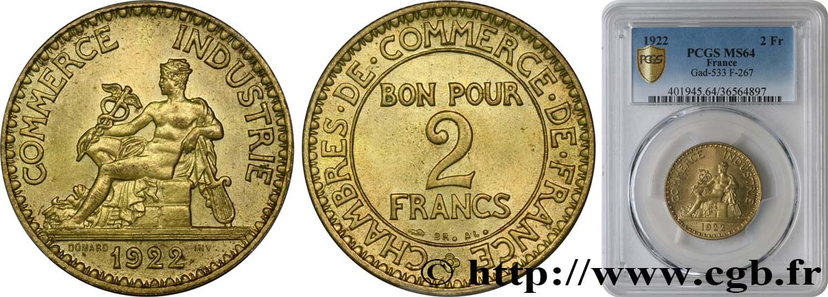 2 francs Chambres de commerce 1922 Paris F.267/4 fST64 PCGS