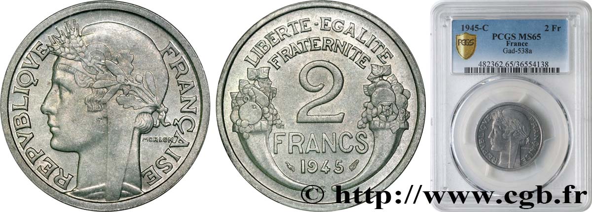 2 francs Morlon, aluminium 1945 Castelsarrasin F.269/7 ST65 PCGS