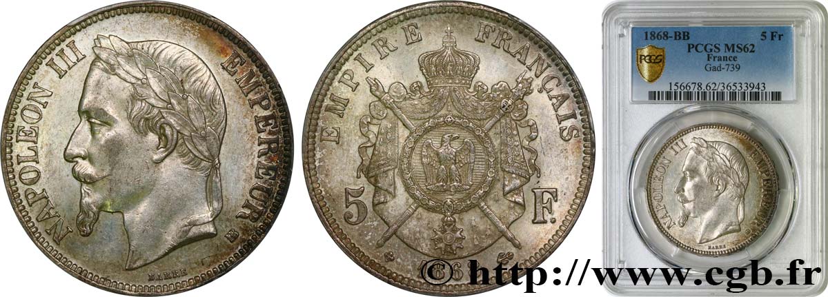 5 francs Napoléon III, tête laurée 1868 Strasbourg F.331/13 EBC62 PCGS
