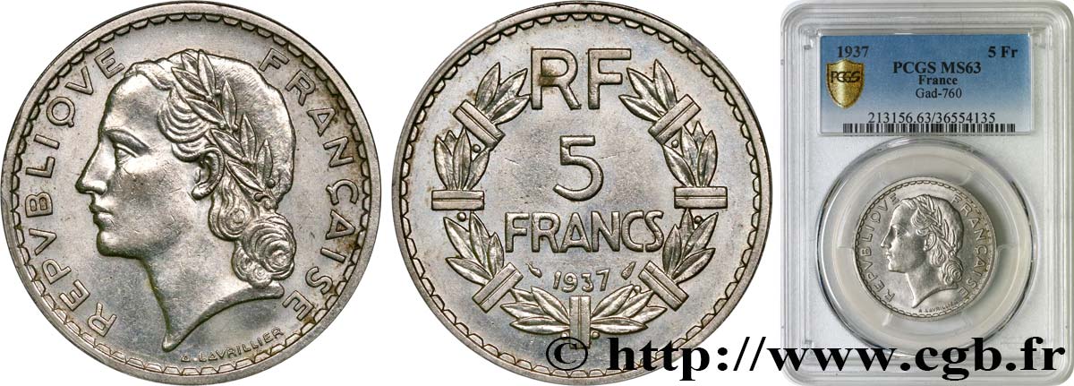 5 francs Lavrillier, nickel 1937  F.336/6 MS63 PCGS