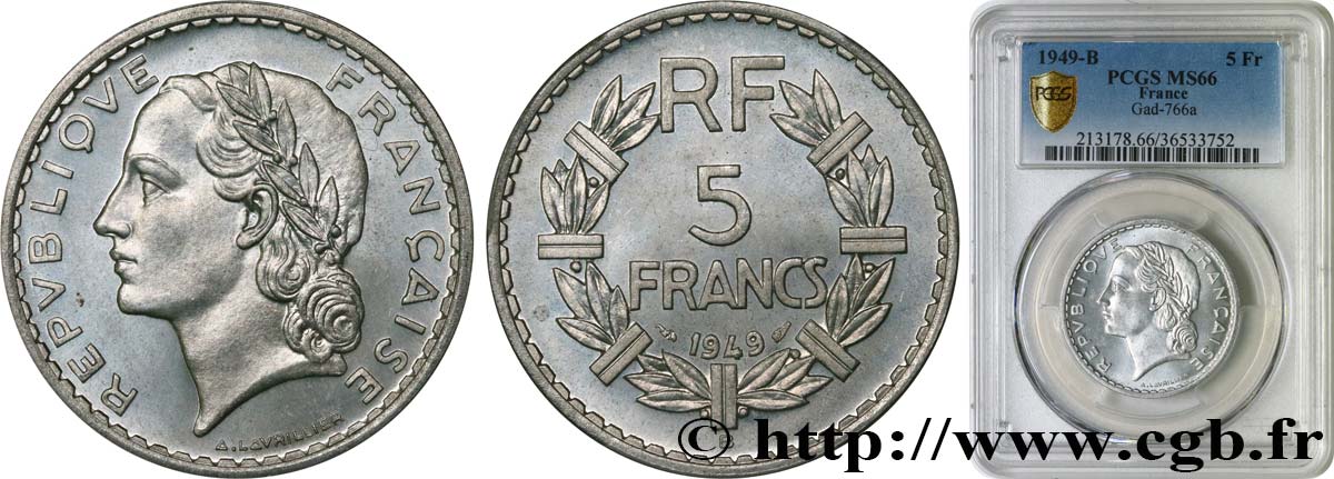 5 francs Lavrillier, aluminium 1949 Beaumont-le-Roger F.339/19 MS66 PCGS