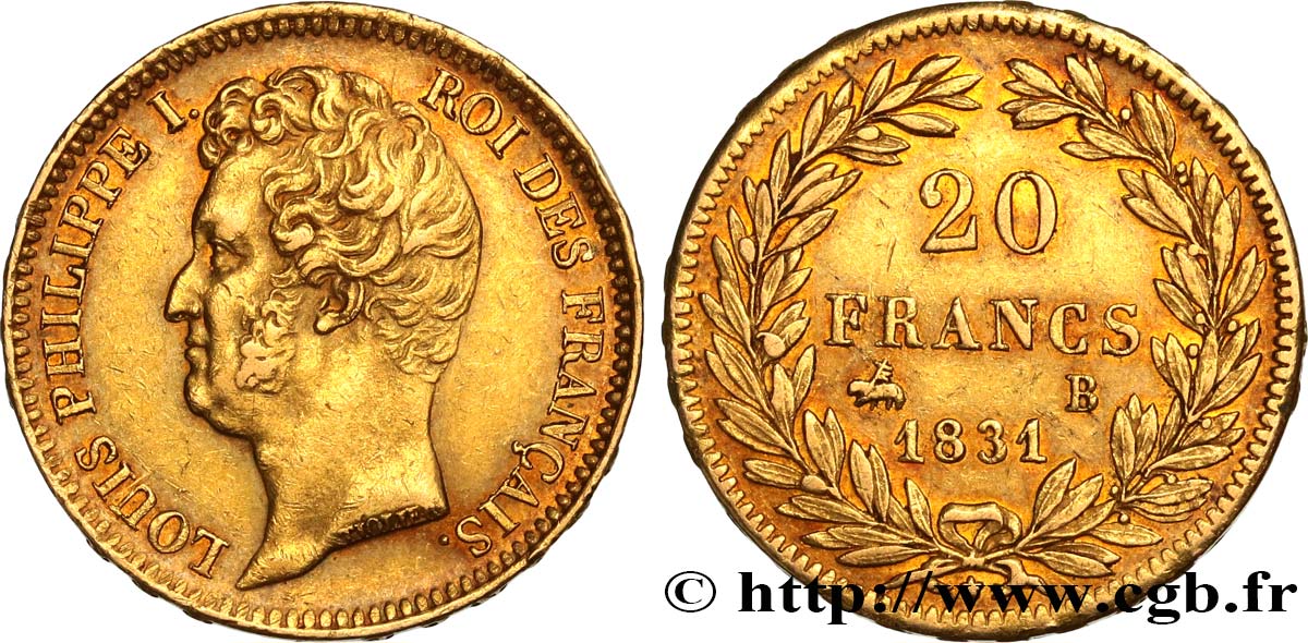 20 francs or Louis-Philippe, Tiolier, tranche inscrite en relief 1831 Rouen F.525/3 BB50 