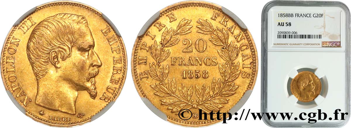 20 francs or Napoléon III, tête nue 1858 Strasbourg F.531/14 SPL58 NGC
