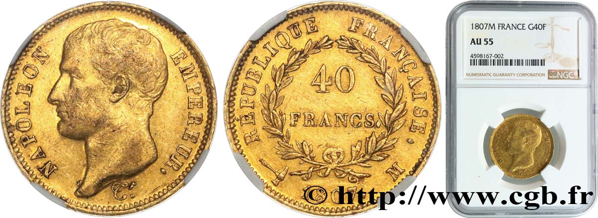 40 francs or Napoléon tête nue, type transitoire 1807 Toulouse F.539/3 AU55 NGC
