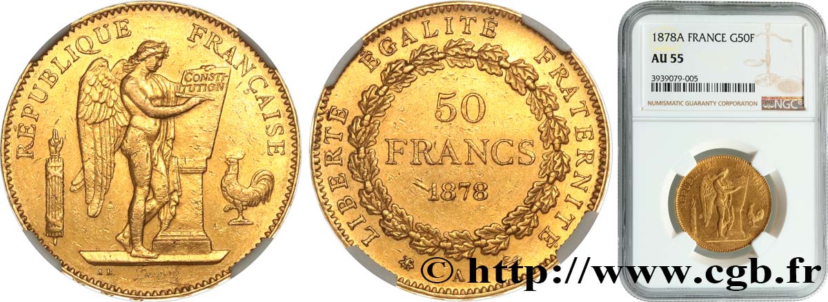 50 francs or Génie 1878 Paris F.549/1 AU55 NGC