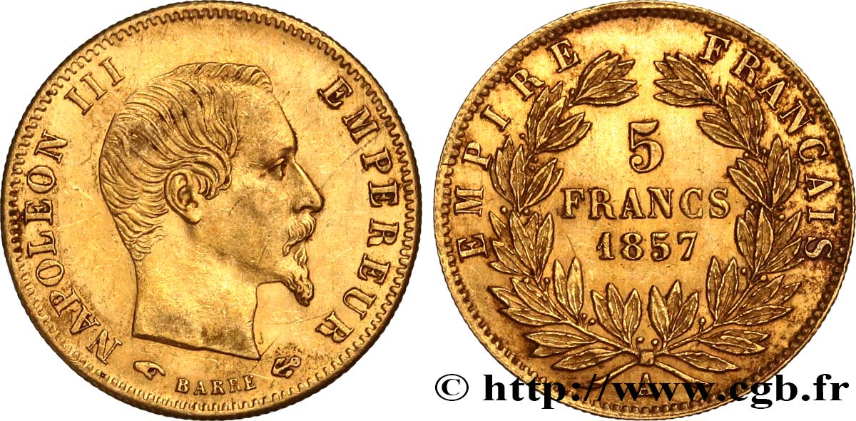 5 francs or Napoléon III, tête nue, grand module 1857 Paris F.501/4 AU55 