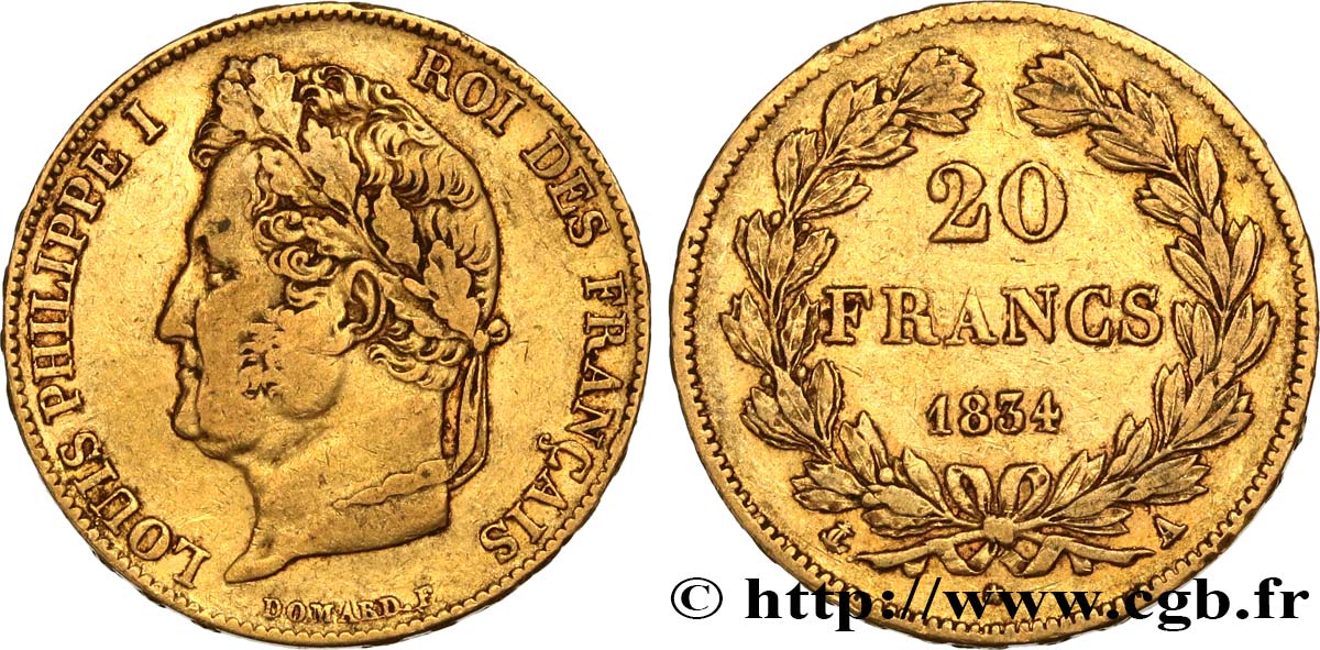 20 francs or Louis-Philippe, Domard 1834 Paris F.527/7 S35 