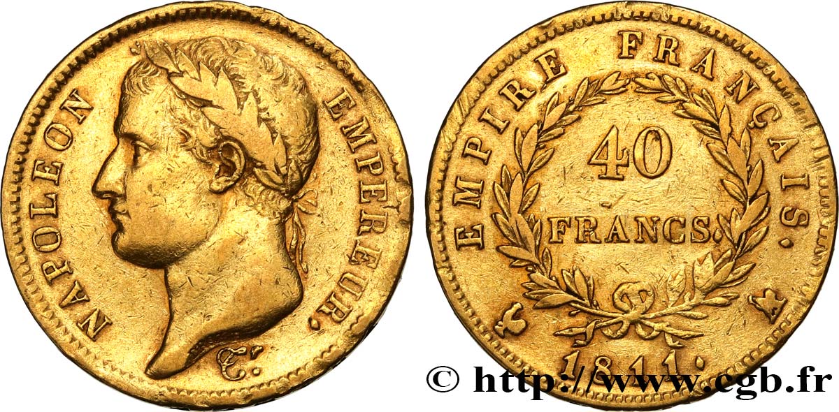 40 francs or Napoléon tête laurée, Empire français 1811 Paris F.541/7 VF 