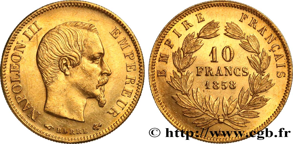 10 francs or Napoléon III, tête nue 1858 Paris F.506/5 MS 