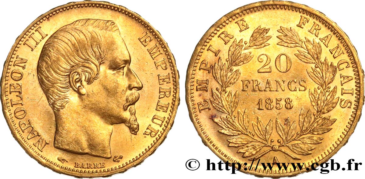 20 francs or Napoléon III, tête nue 1858 Paris F.531/13 EBC58 