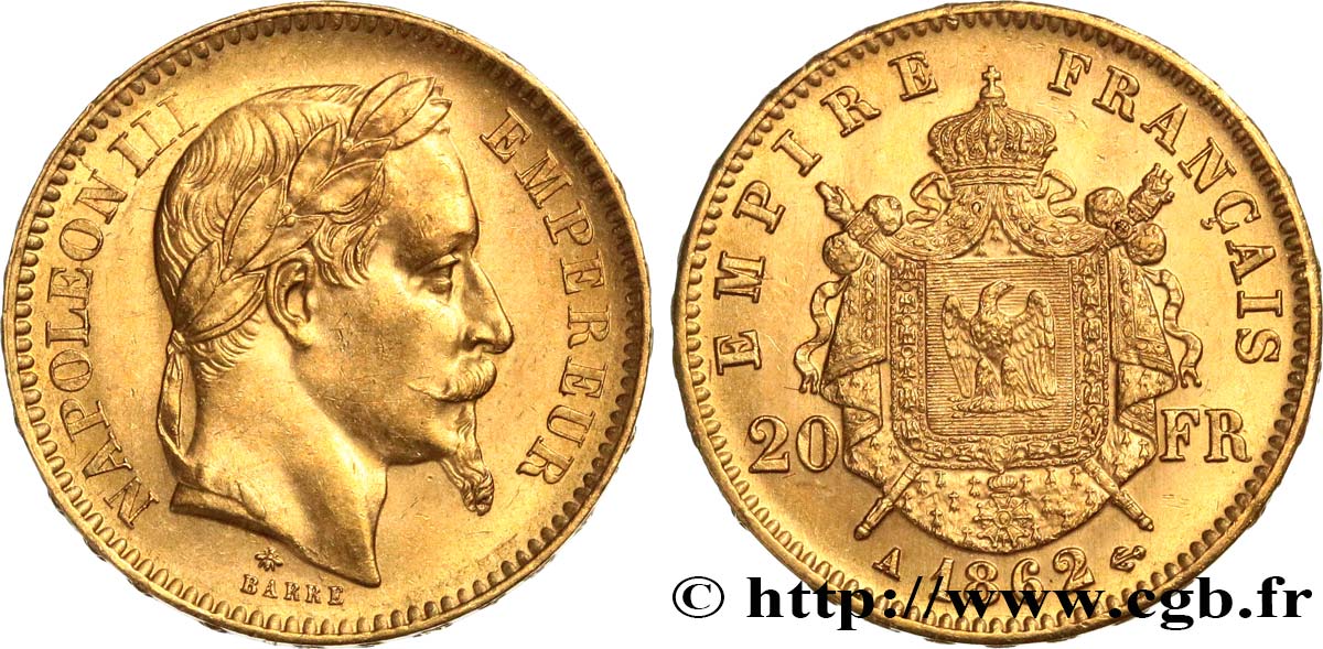 20 francs or Napoléon III, tête laurée 1862 Paris F.532/3 SPL62 