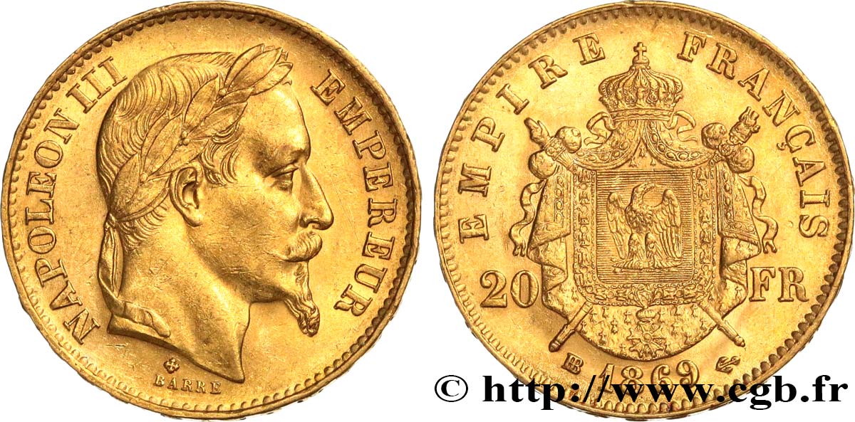 20 francs or Napoléon III, tête laurée, petit BB 1869 Strasbourg F.532/21 AU55 
