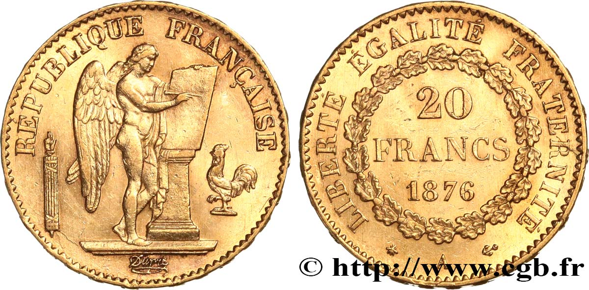 20 francs or Génie, IIIe République 1876 Paris F.533/4 AU58 