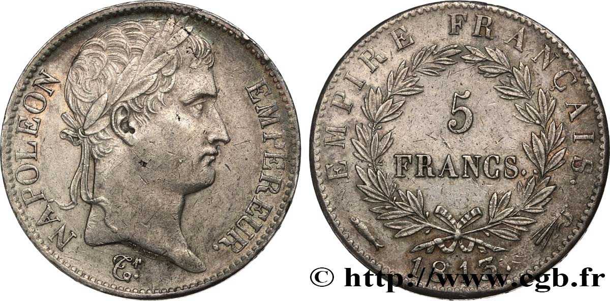 5 francs Napoléon Empereur, Empire français 1813 Utrecht F.307/74 AU50 