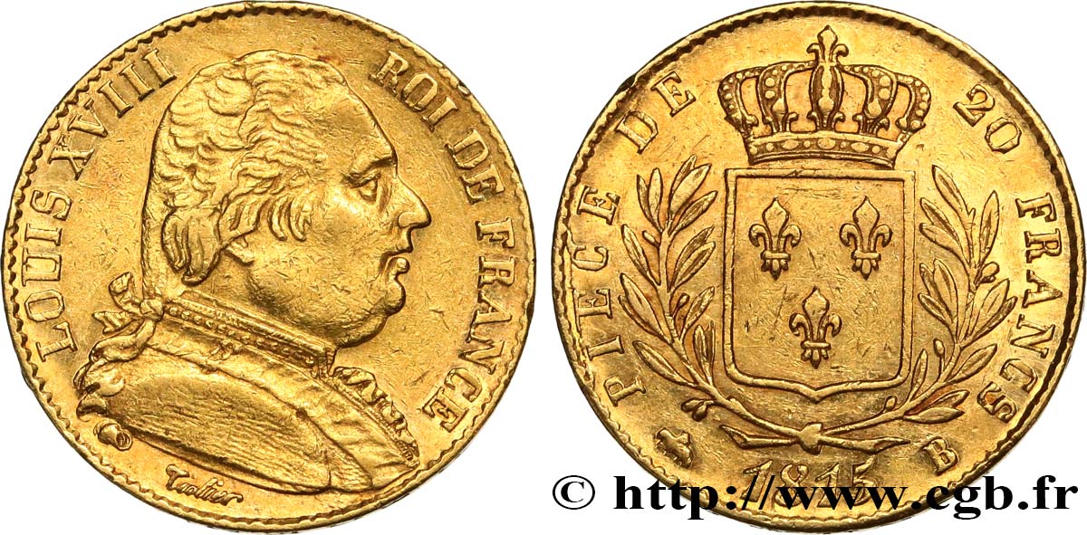 20 francs or Louis XVIII, buste habillé 1815 Rouen F.517/11 MBC53 