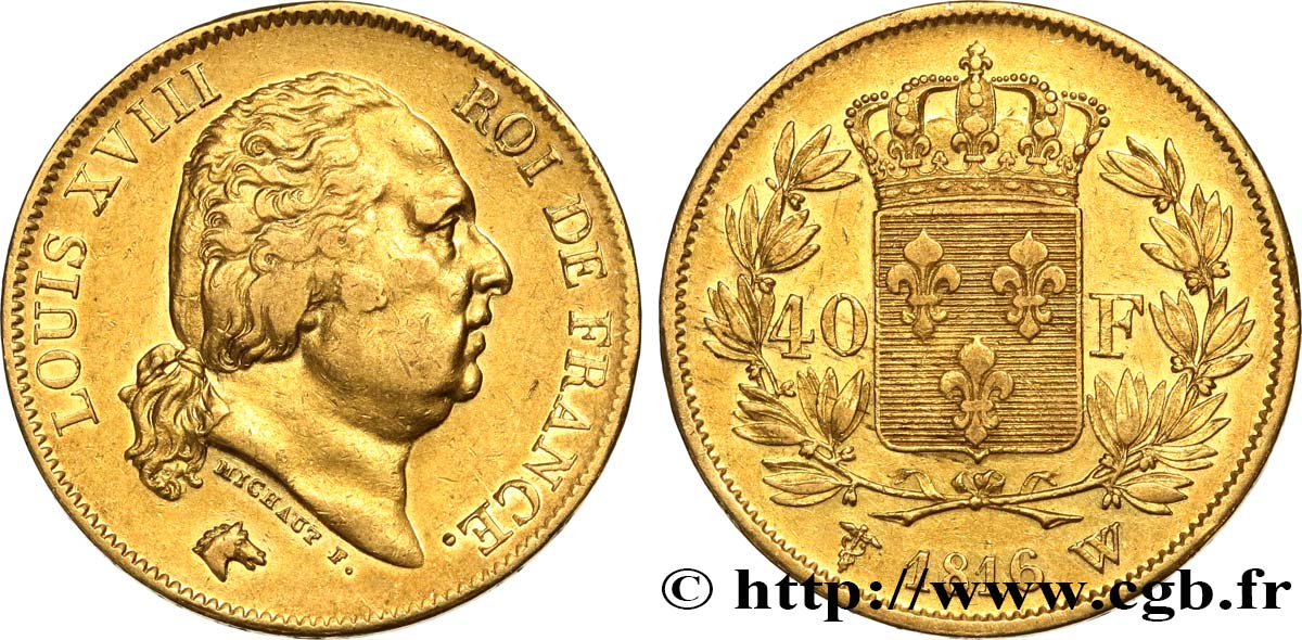 40 francs or Louis XVIII 1816 Lille F.542/5 MBC50 
