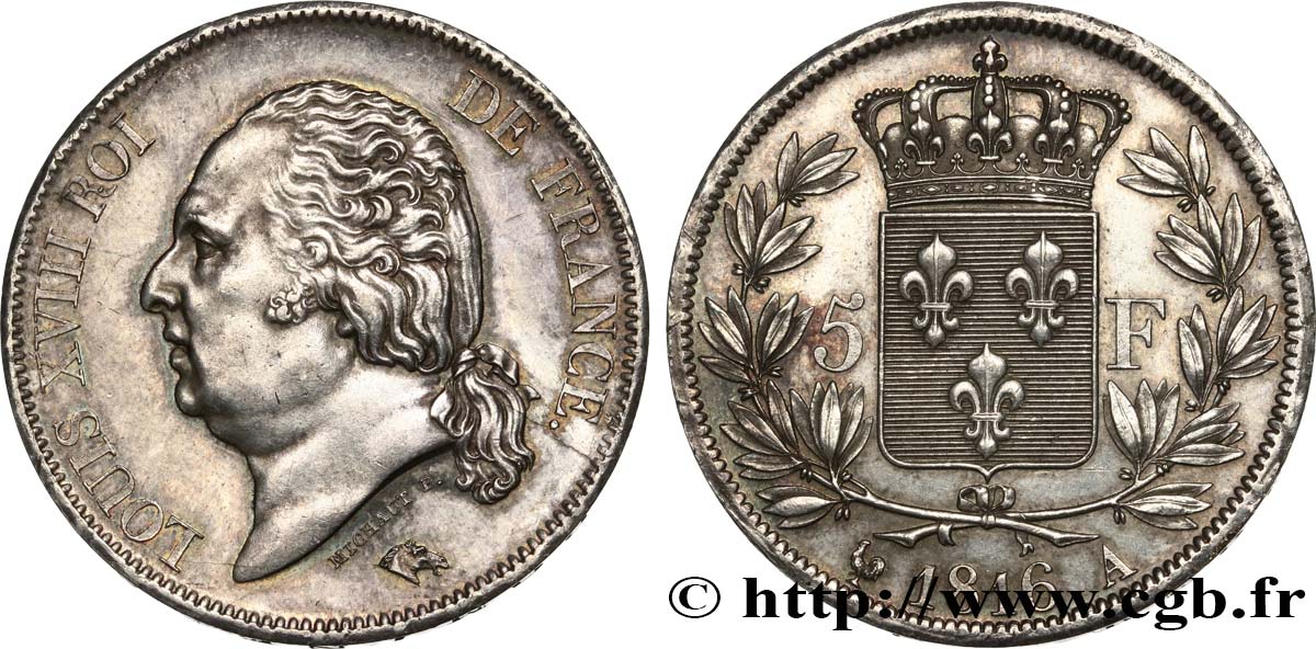 5 francs Louis XVIII, tête nue 1816  Paris F.309/1 SPL 