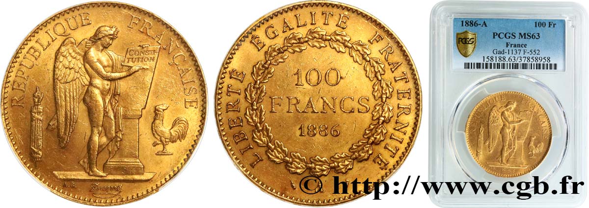 100 francs or Génie, tranche inscrite en relief Dieu protège la France 1886 Paris F.552/7 SPL63 PCGS