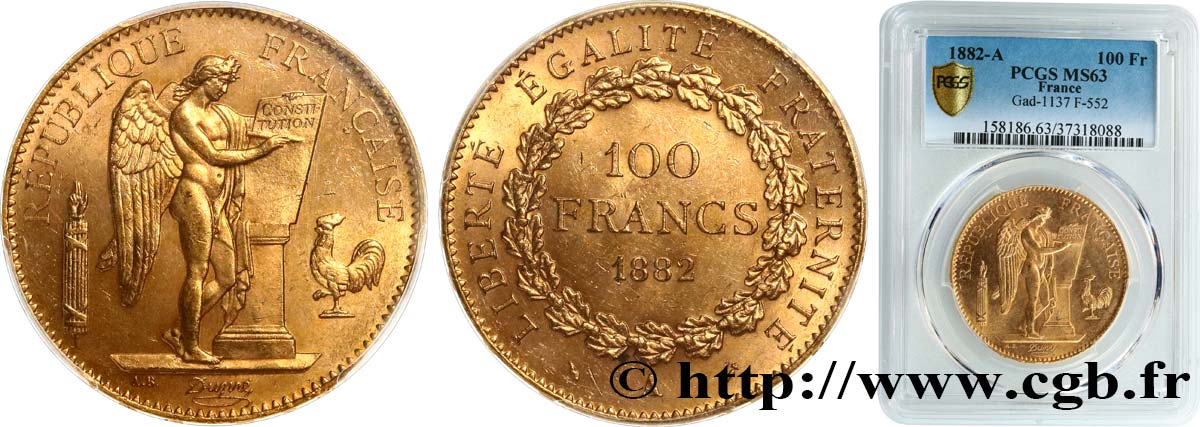 100 francs or Génie, tranche inscrite en relief Dieu protège la France 1882 Paris F.552/5 MS63 PCGS