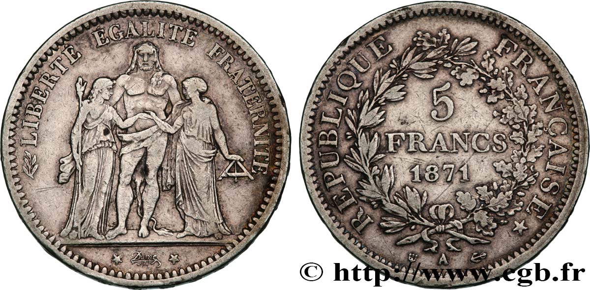 5 francs Hercule, dite “Camélinat” 1871 Paris F.334/3 TB25 