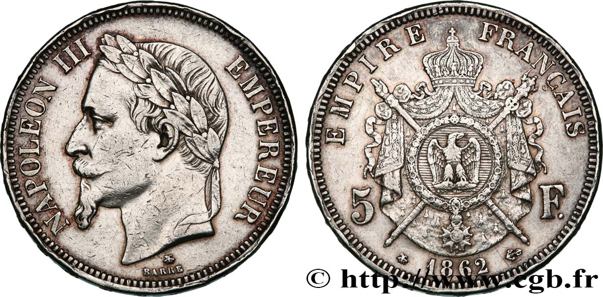 5 francs Napoléon III, tête laurée 1862 Paris F.331/4 BB 