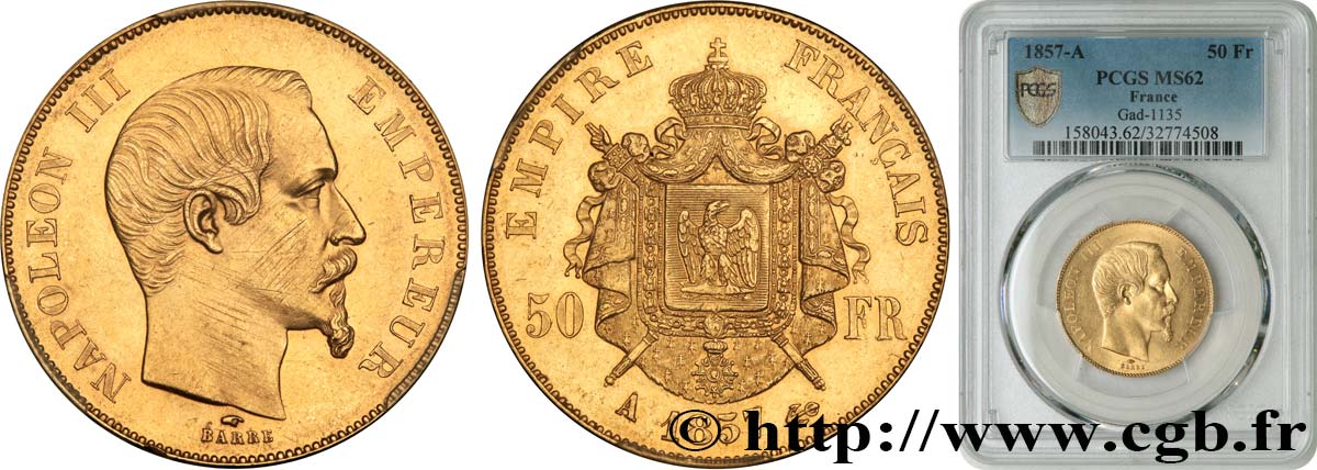 50 francs or Napoléon III, tête nue 1857 Paris F.547/4 MS62 PCGS