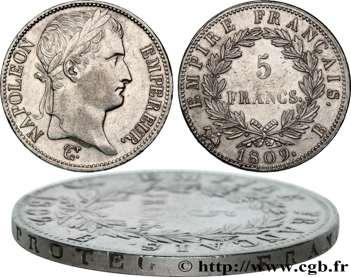 5 francs Napoléon Empereur, Empire français, Tranche Fautée 1809 Rouen F.307/2 AU53 