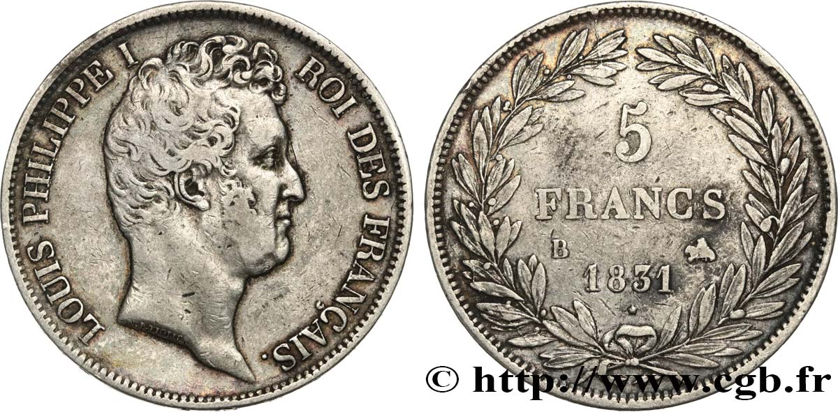5 francs type Tiolier avec le I, tranche en creux 1831 Rouen F.315/15 MBC 