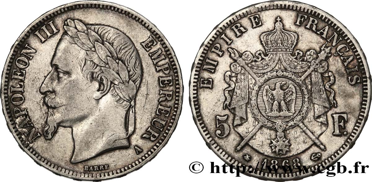 5 francs Napoléon III, tête laurée 1868 Paris F.331/12 fSS 