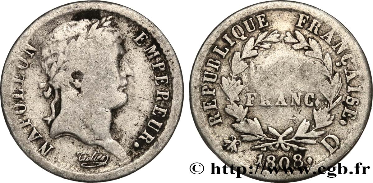 Demi-franc Napoléon Ier tête laurée, République française 1808 Lyon F.177/5 B 