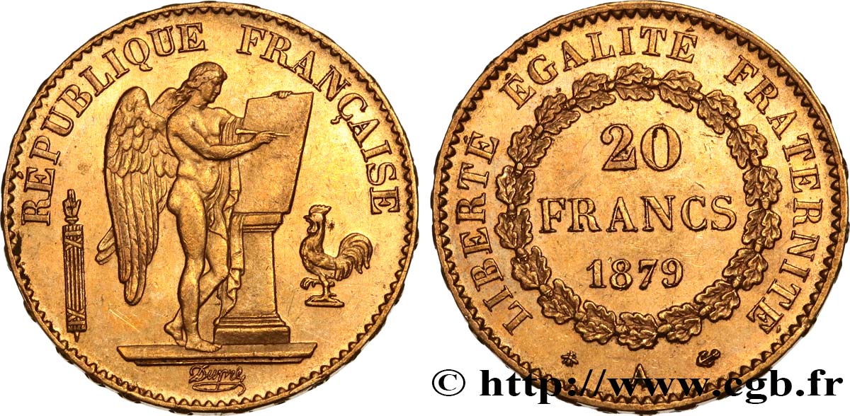 20 francs or Génie, Troisième République 1879 Paris F.533/7 AU55 
