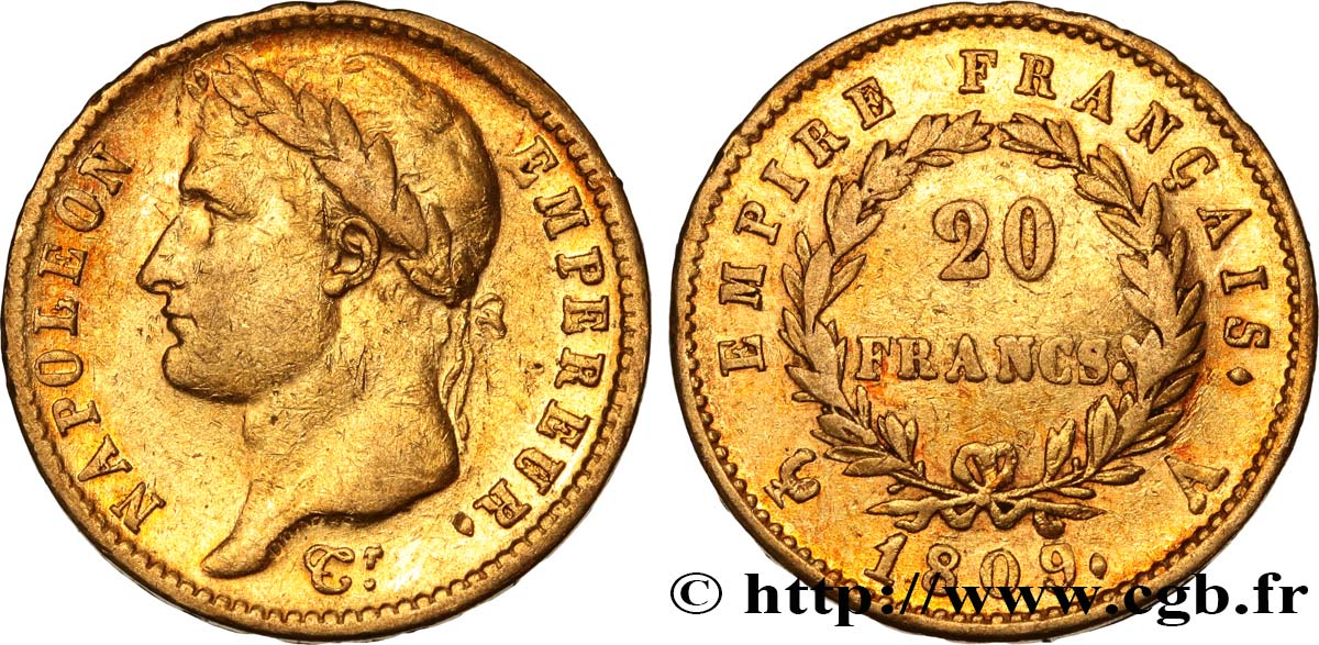 20 francs or Napoléon tête laurée, Empire français 1809 Paris F.516/1 BC+ 