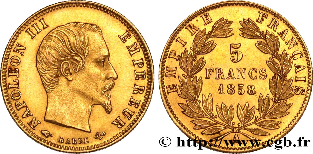 5 francs or Napoléon III, tête nue, grand module 1858 Paris F.501/5 EBC 