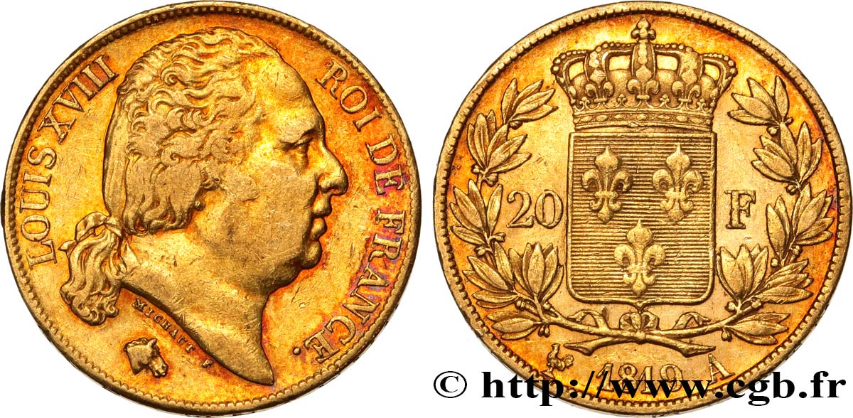 20 francs or Louis XVIII, tête nue 1819 Paris F.519/15 BC+ 