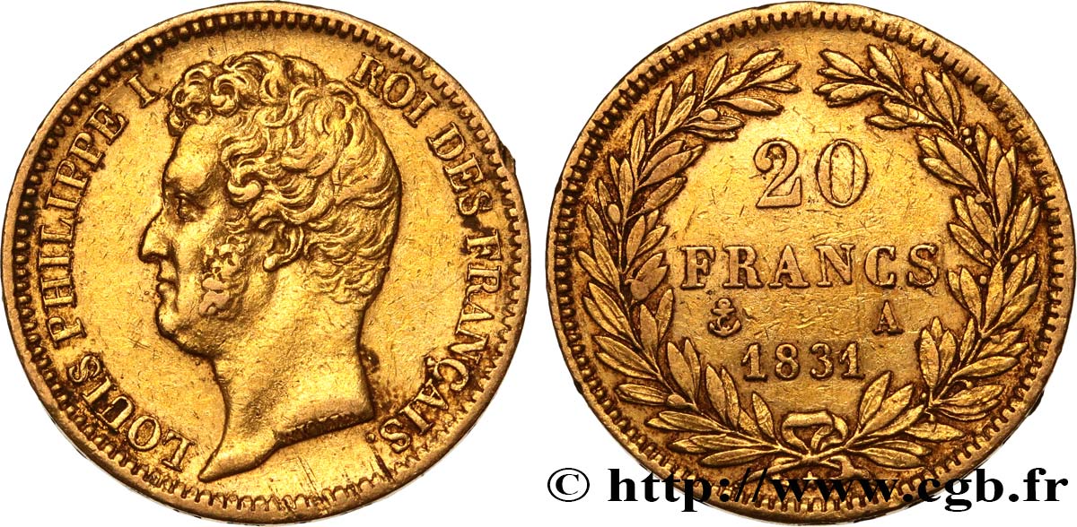 20 francs or Louis-Philippe, Tiolier, tranche inscrite en creux 1831 Paris F.524/2 SS45 