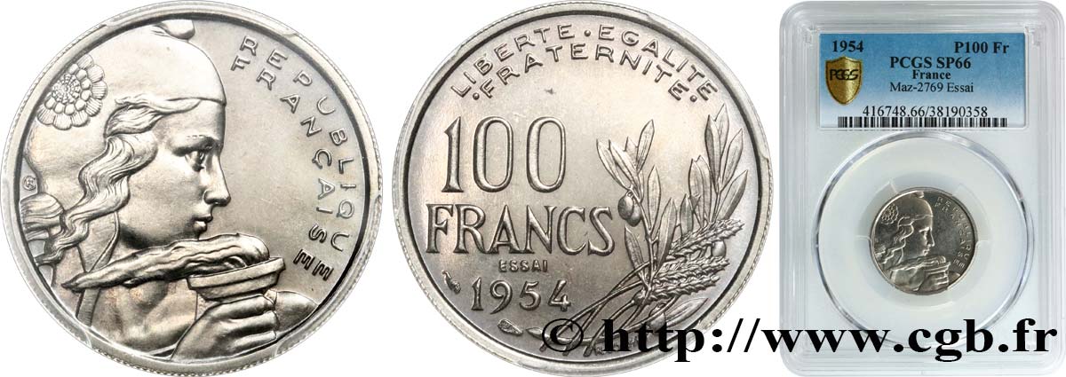 Essai de 100 francs Cochet 1954 Paris F.450/1 ST66 PCGS