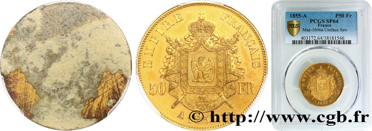 Essai de frappe de revers de 50 francs or Napoléon III tête nue 1855 Paris Maz.1606 a fST64 PCGS